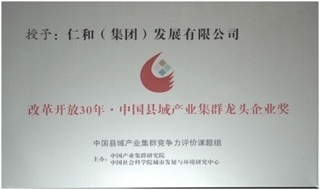 仁和集團(tuán)榮獲“改革開放30年?中國縣域產(chǎn)業(yè)集群龍頭企業(yè)獎(jiǎng)”